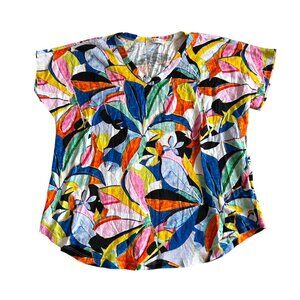 Jess & Jane Womens Sz L Bright Multi Print Dolman V-Neck Top Made In USA